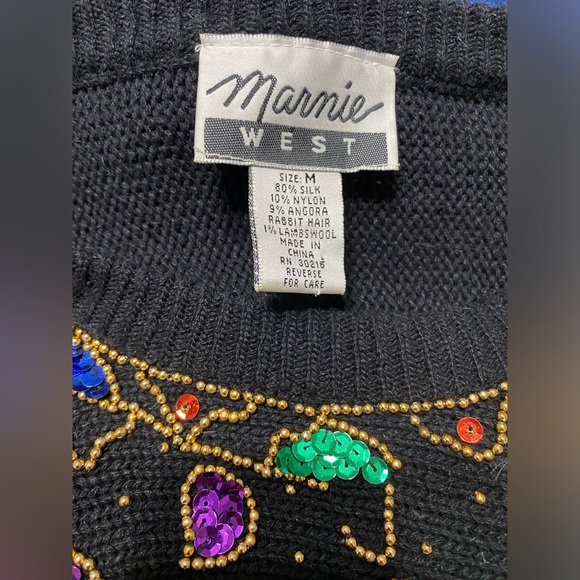 Vintage MARNIE WEST Black Sweater Sequins, Rhinestones Silk Angora Size Medium - Picture 4 of 6